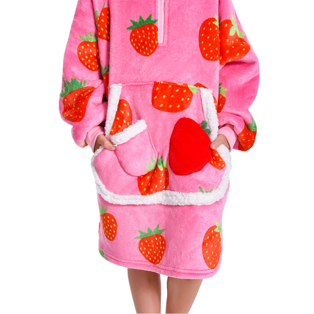 Kids OLAOLA Pink Strawberry Wearable Blanket Hoodie Food Onesie Oversized Soft Homewear With Giant Pocket