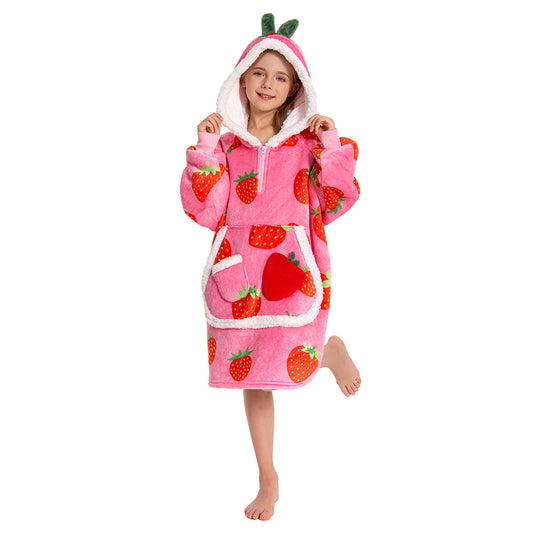 Kids OLAOLA Pink Strawberry Wearable Blanket Hoodie Food Onesie Oversized Soft Homewear With Giant Pocket