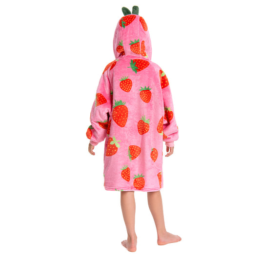 Kids OLAOLA Pink Strawberry Wearable Blanket Hoodie Food Onesie Oversized Soft Homewear With Giant Pocket