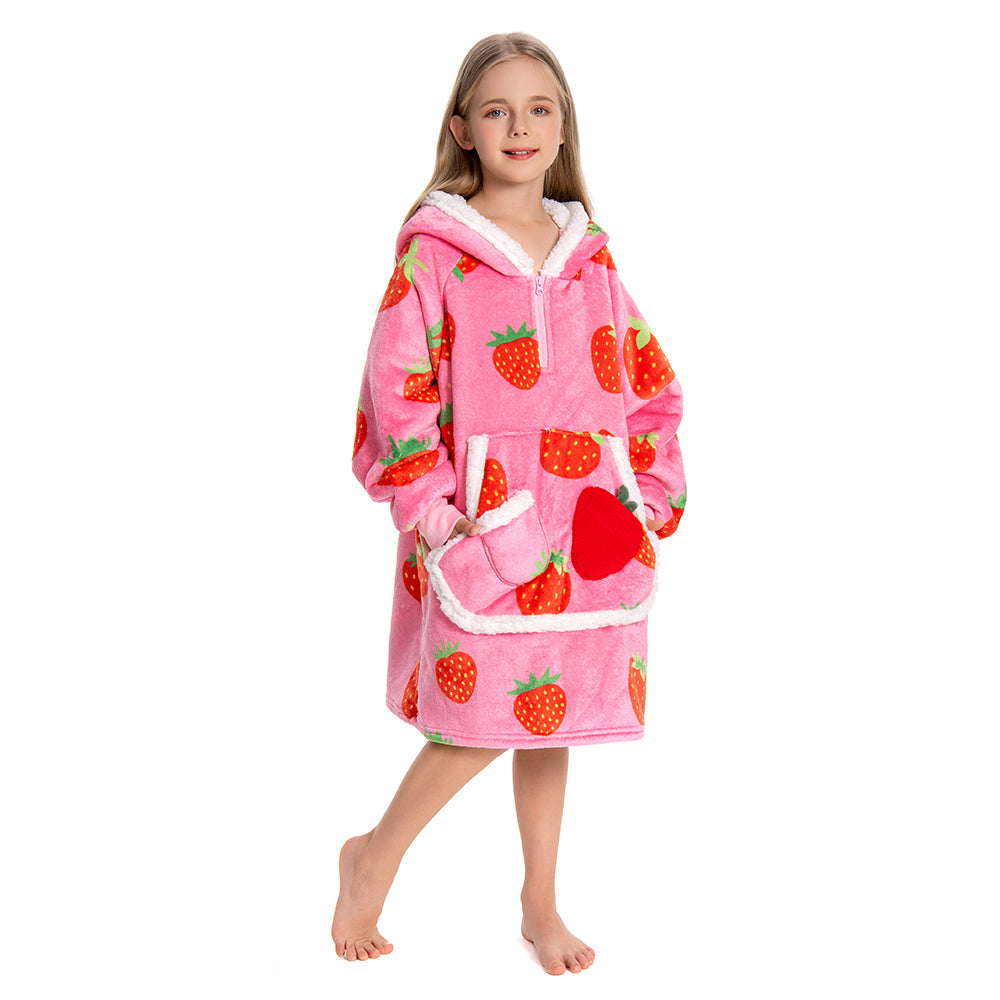 Kids OLAOLA Pink Strawberry Wearable Blanket Hoodie Food Onesie Oversized Soft Homewear With Giant Pocket