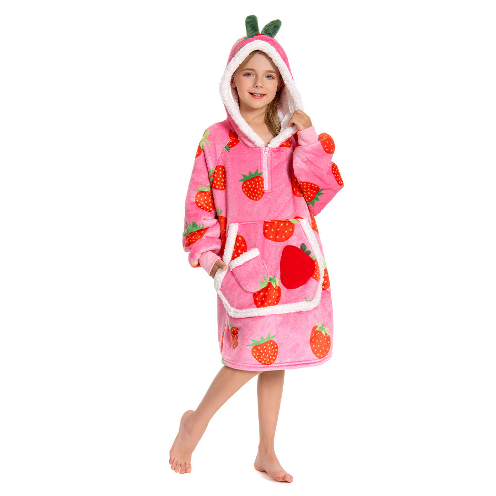 Kids OLAOLA Pink Strawberry Wearable Blanket Hoodie Food Onesie Oversized Soft Homewear With Giant Pocket