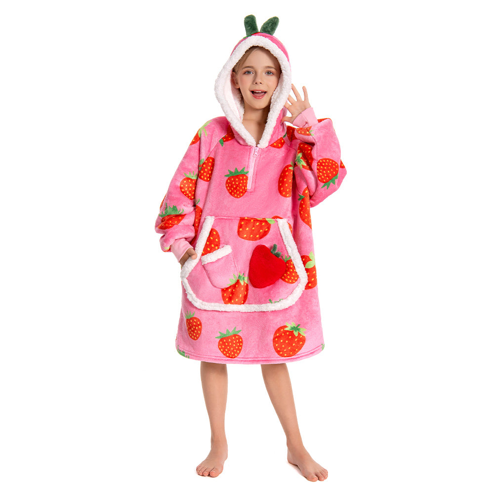 Kids OLAOLA Pink Strawberry Wearable Blanket Hoodie Food Onesie Oversized Soft Homewear With Giant Pocket