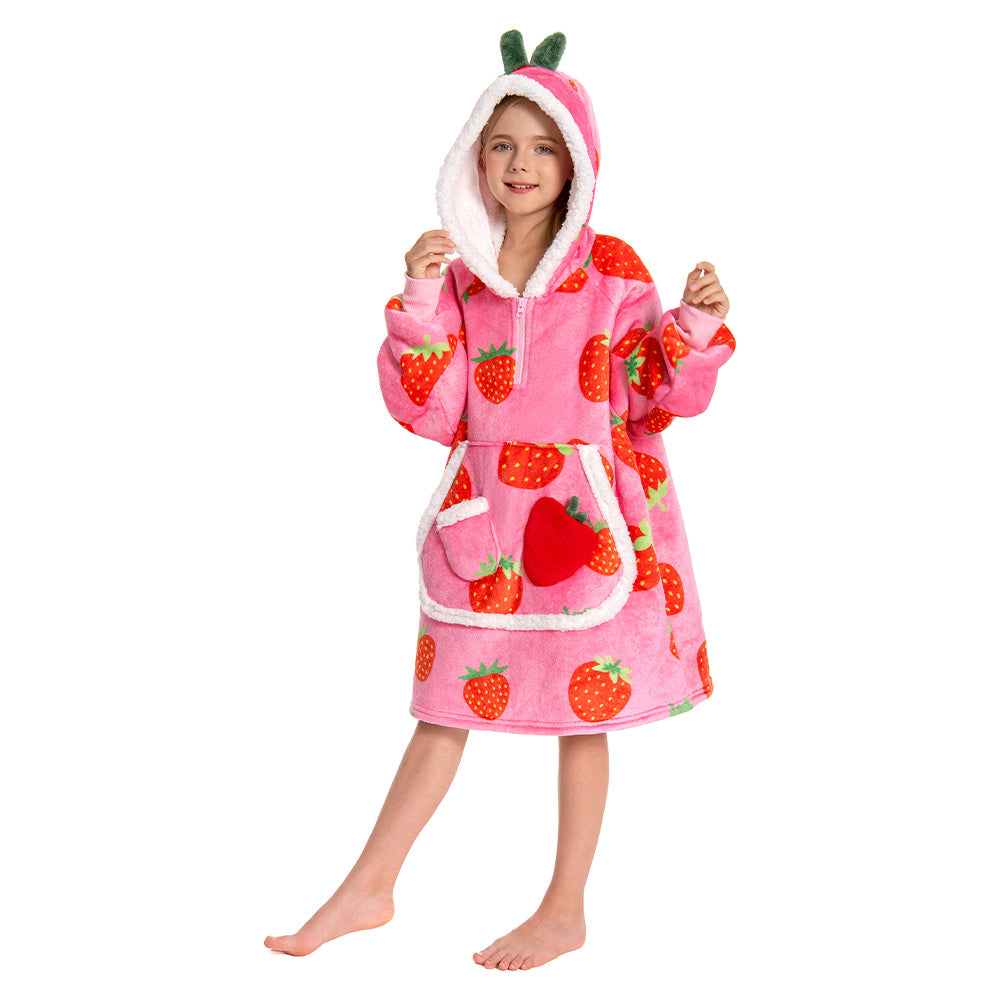 Kids OLAOLA Pink Strawberry Wearable Blanket Hoodie Food Onesie Oversized Soft Homewear With Giant Pocket