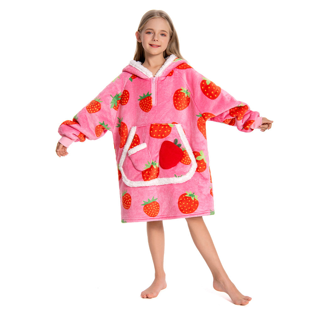 Kids OLAOLA Pink Strawberry Wearable Blanket Hoodie Food Onesie Oversized Soft Homewear With Giant Pocket