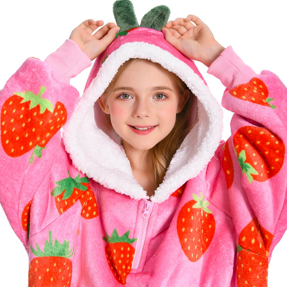 Kids OLAOLA Pink Strawberry Wearable Blanket Hoodie Food Onesie Oversized Soft Homewear With Giant Pocket