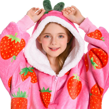 Kids OLAOLA Pink Strawberry Wearable Blanket Hoodie Food Onesie Oversized Soft Homewear With Giant Pocket