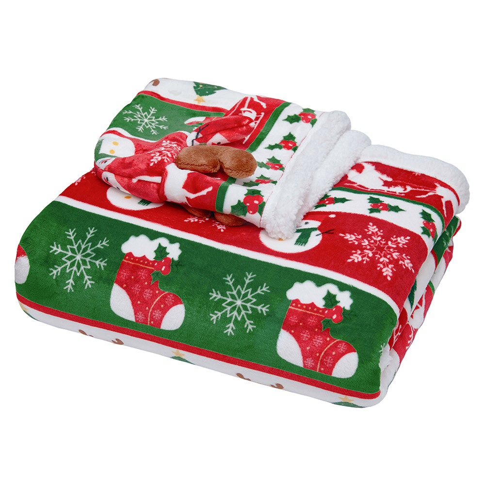 OLAOLA Elk Wearable Blanket Red Flannel Christmas Tree Snowmen Warm Fuzzy Soft Throw For Christmas Decor Gift