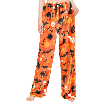 OLAOLA Printed Cat Pumpkin Fuzzy Plush Pajama Pants Drawstring Elastic Waist Wide Leg Lounge Pants Halloween Animals Onesie