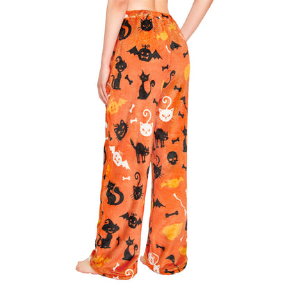 OLAOLA Printed Cat Pumpkin Fuzzy Plush Pajama Pants Drawstring Elastic Waist Wide Leg Lounge Pants Halloween Animals Onesie