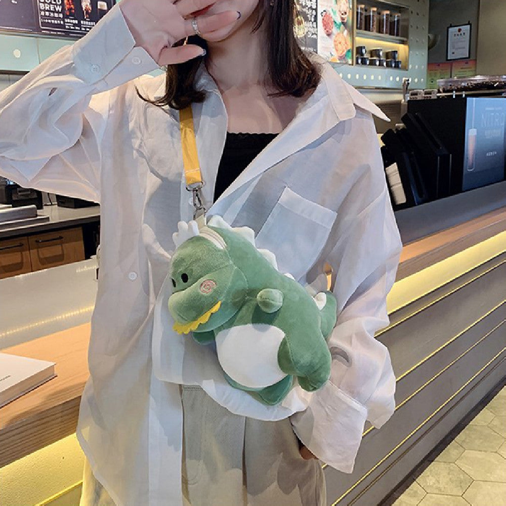 26CM Green Pink Dinosaur Plush Crossbody Bag Kawaii Stuffed Animal Bag Halloween Christmas Gift For Adult Kids