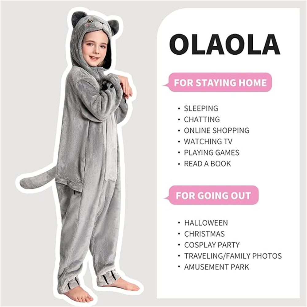 OLAOLA Kids Cat Animal Onesie Plush Soft Flannel Warm Home Pajamas One-Piece Sleepwear