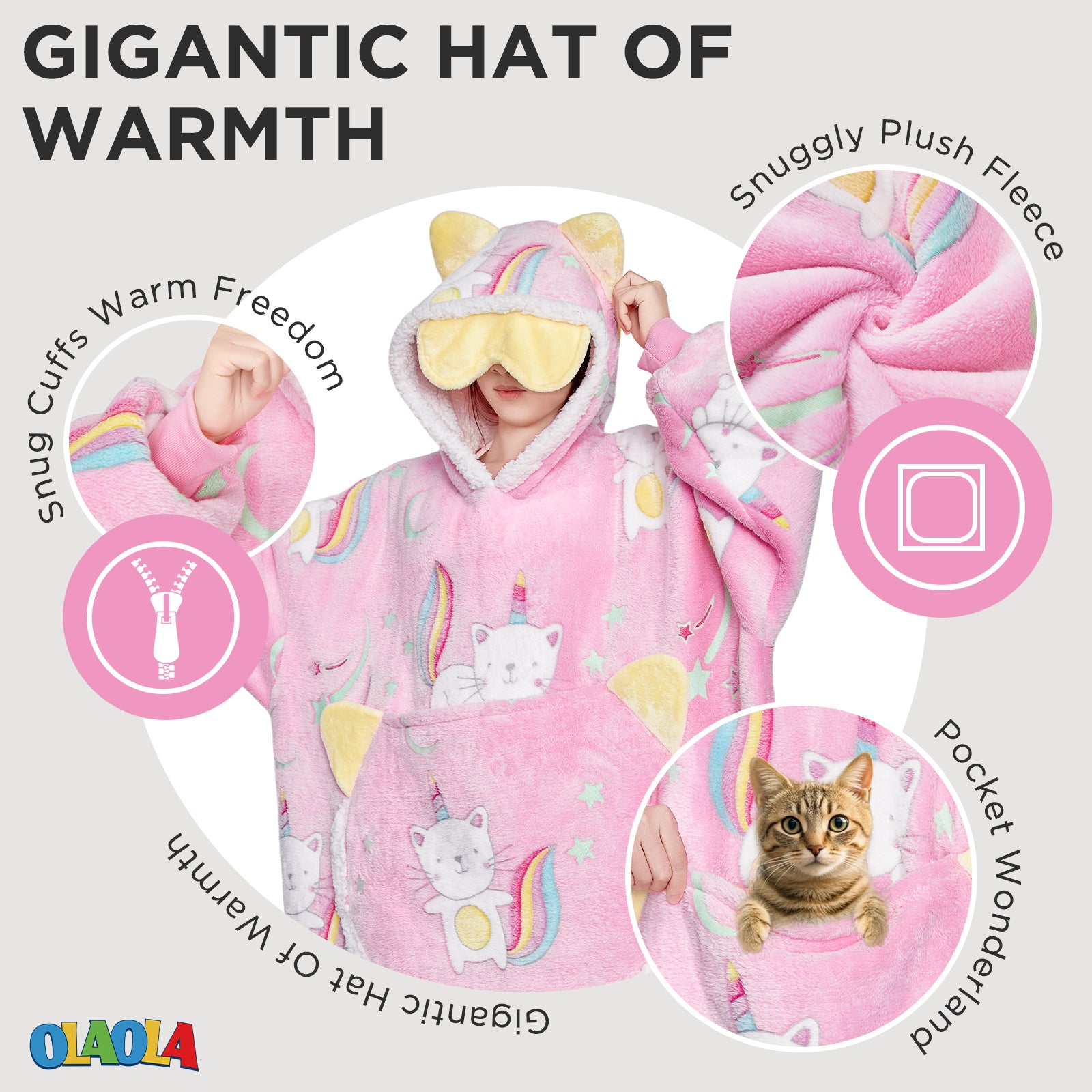 OLAOLA Printed Cat Luminous Glow In The Dark Pink Wearable Hoodie Animals Onesie Oversized Soft Homwear For Adult