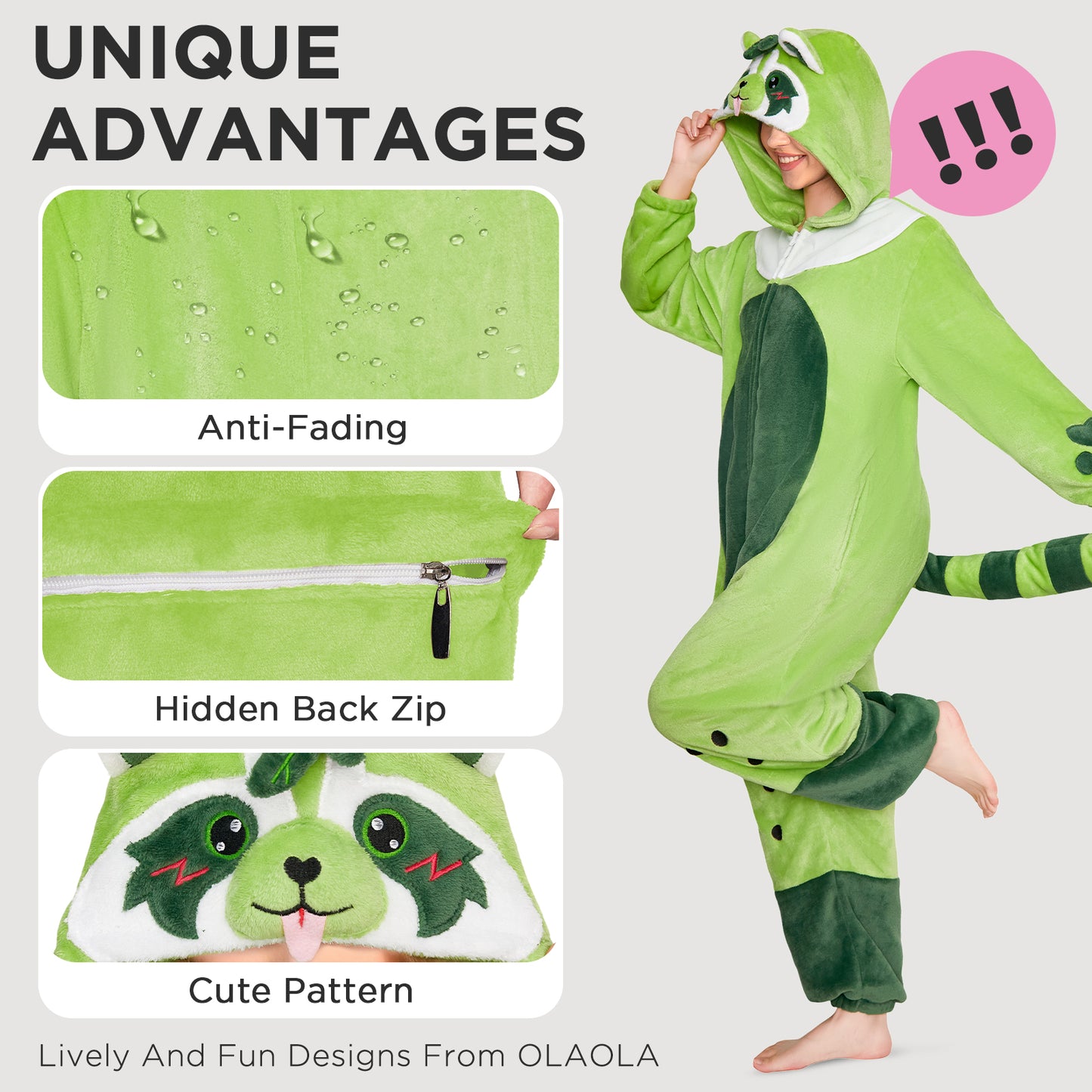 OLAOLA Matcha Boba Raccoon Pajamas Green Animals Onesie Plush Warm Home One Piece For Adult Unisex Halloween Costume