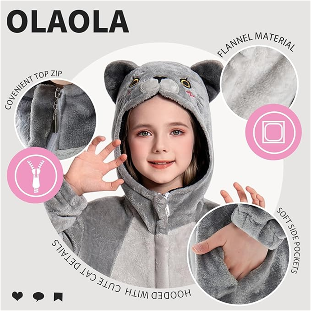 OLAOLA Kids Cat Animal Onesie Plush Soft Flannel Warm Home Pajamas One-Piece Sleepwear