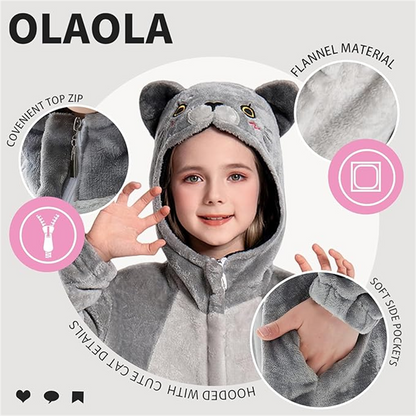 OLAOLA Kids Cat Animal Onesie Plush Soft Flannel Warm Home Pajamas One-Piece Sleepwear