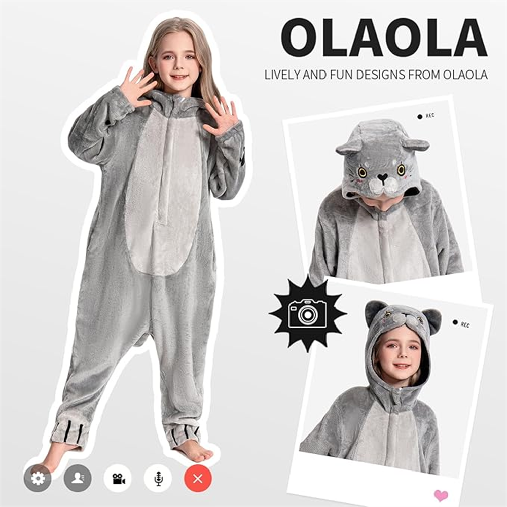 OLAOLA Kids Cat Animal Onesie Plush Soft Flannel Warm Home Pajamas One-Piece Sleepwear
