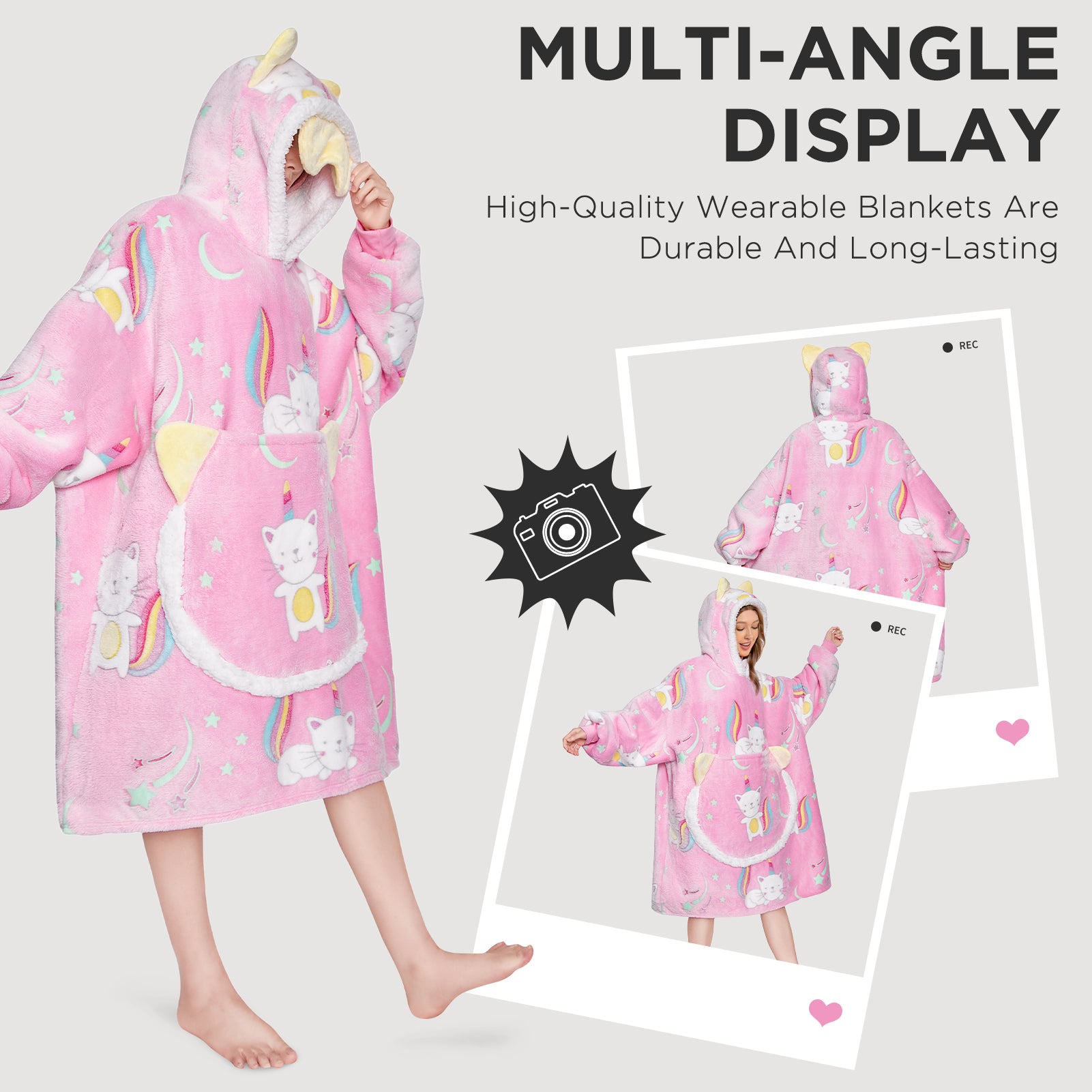 OLAOLA Printed Cat Luminous Glow In The Dark Pink Wearable Hoodie Animals Onesie Oversized Soft Homwear For Adult