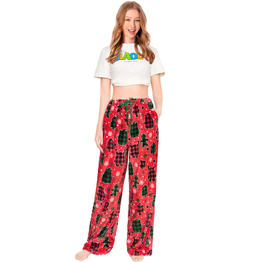 OLAOLA Gingerbread Man Christmas Red Printed Fuzzy Plush Pajama Pants Sleeping Bottoms Pants Animals Onesie