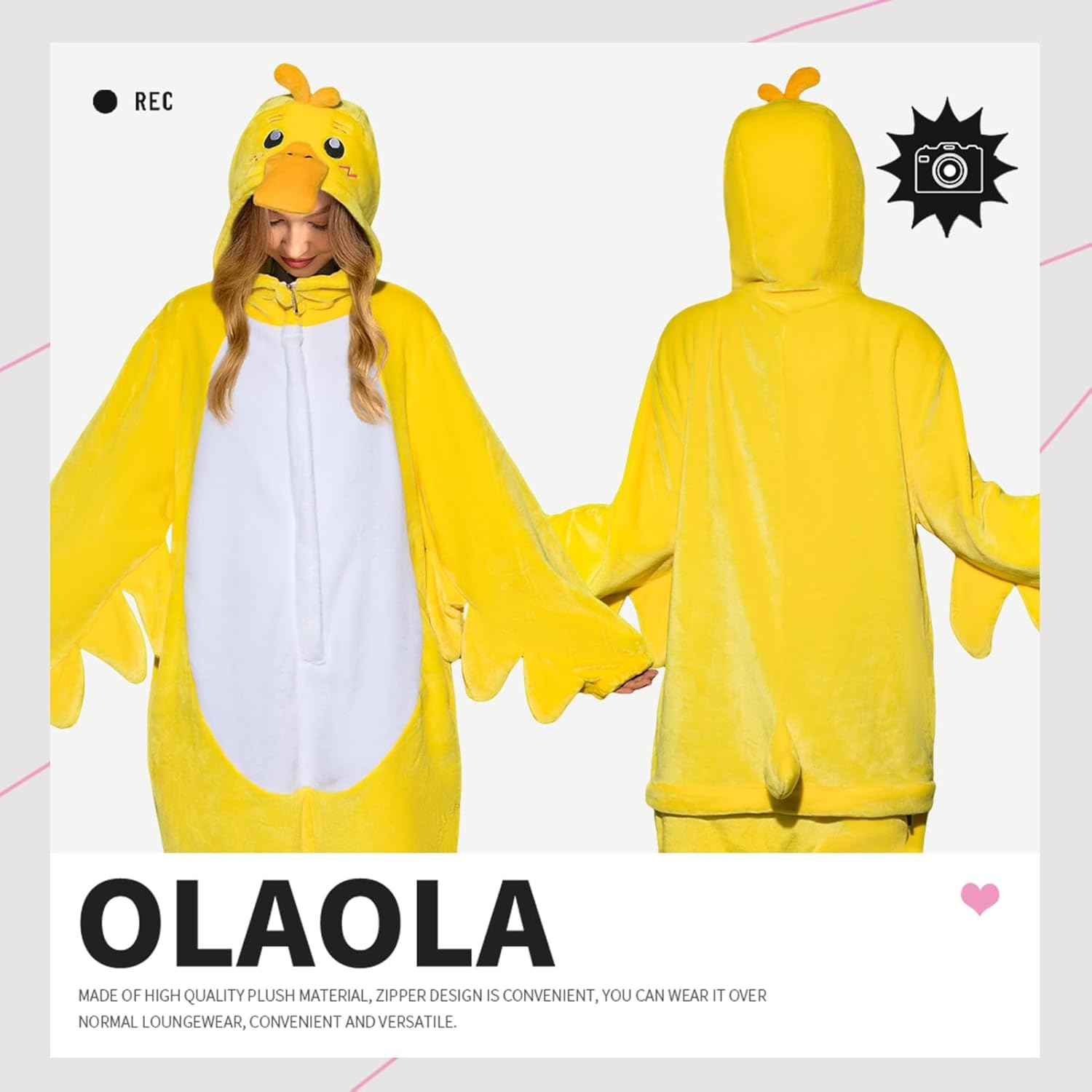 OLAOLA Unisex Adult Plush Yellow Duck Animals Onesie Pajamas Warm Home One-Piece Sleepwear