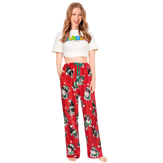 OLAOLA Christmas Dog Printed Fuzzy Plush Pajama Pants Drawstring Elastic Waist Wide Leg Pj Bottoms Lounge Pants Animals Onesie