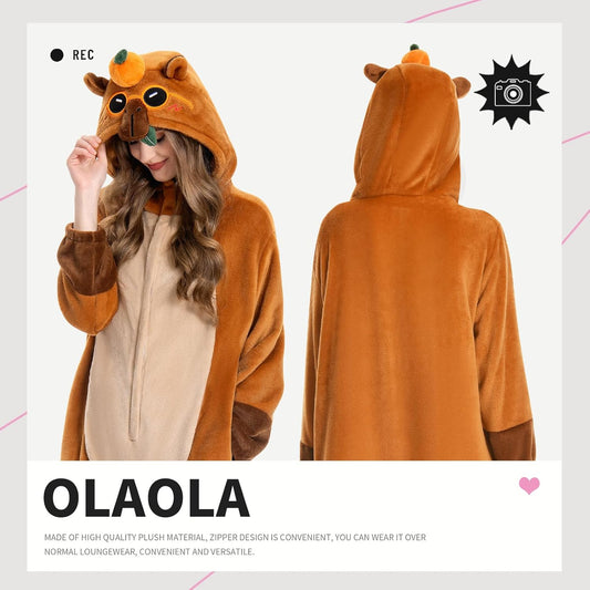 OLAOLA Unisex Adult Plush Capybara Animals Onesie Pajamas Warm Home One-Piece Sleepwear