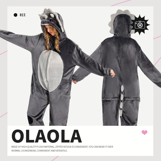 OLAOLA Unisex Adult Plush Triceratops Animals Onesie Pajamas Warm Home One-Piece Sleepwear
