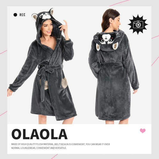 OLAOLA Women Adult Raccon Animal Onesie Plush Bathrobe Soft Flannel Warm Home Robe