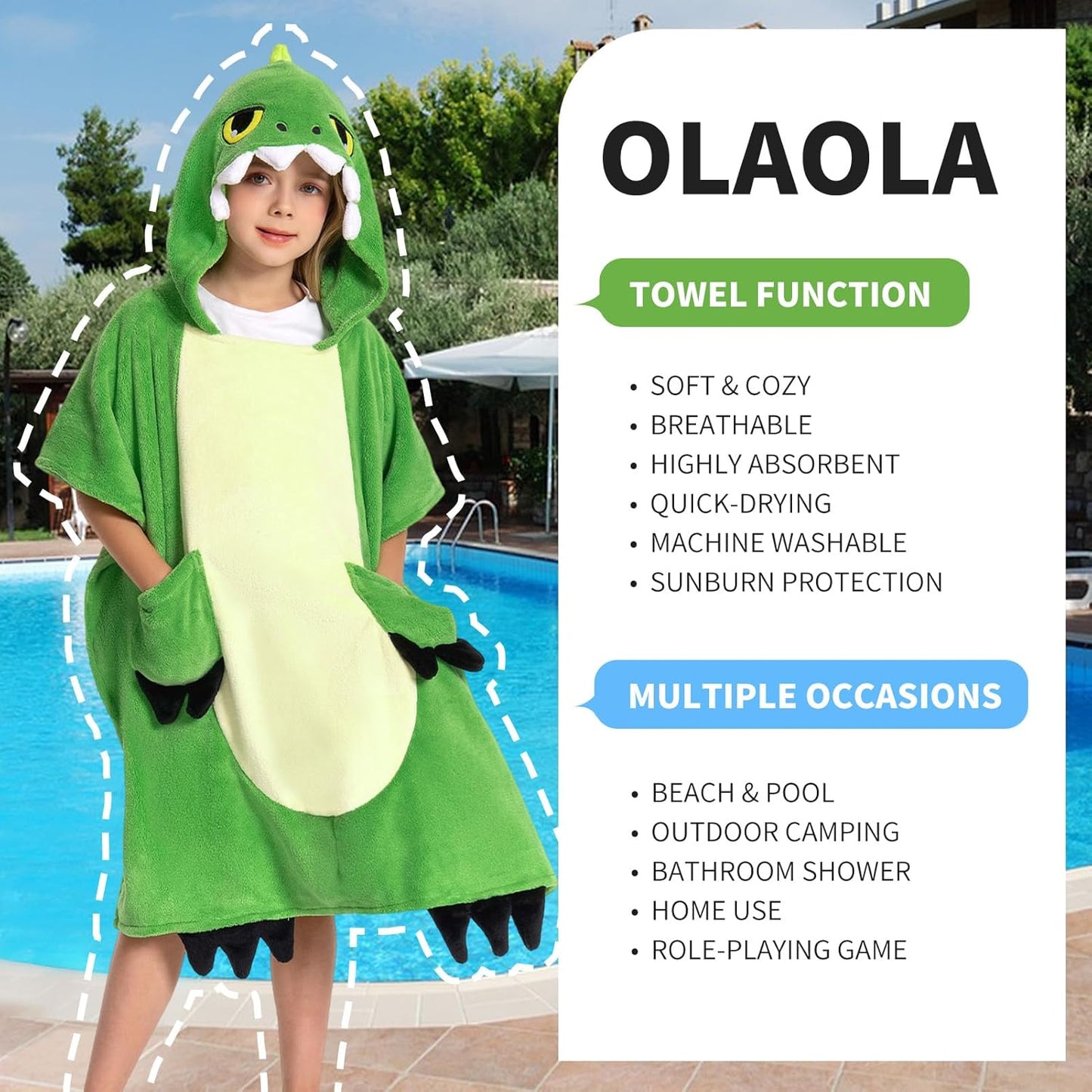 OLAOLA Kids Green Dinosaur Animal Beach Bath Towels Blanket Plush Soft Coral Fleece Homewear Bath Hooded