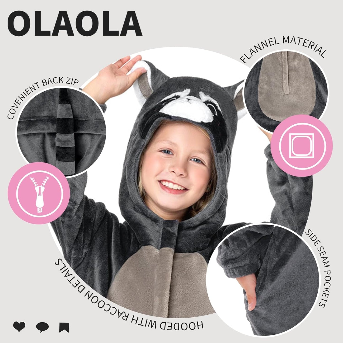 OLAOLA Kids Raccoon Animal Onesie Plush Soft Flannel Warm Home Pajamas One-Piece Sleepwear