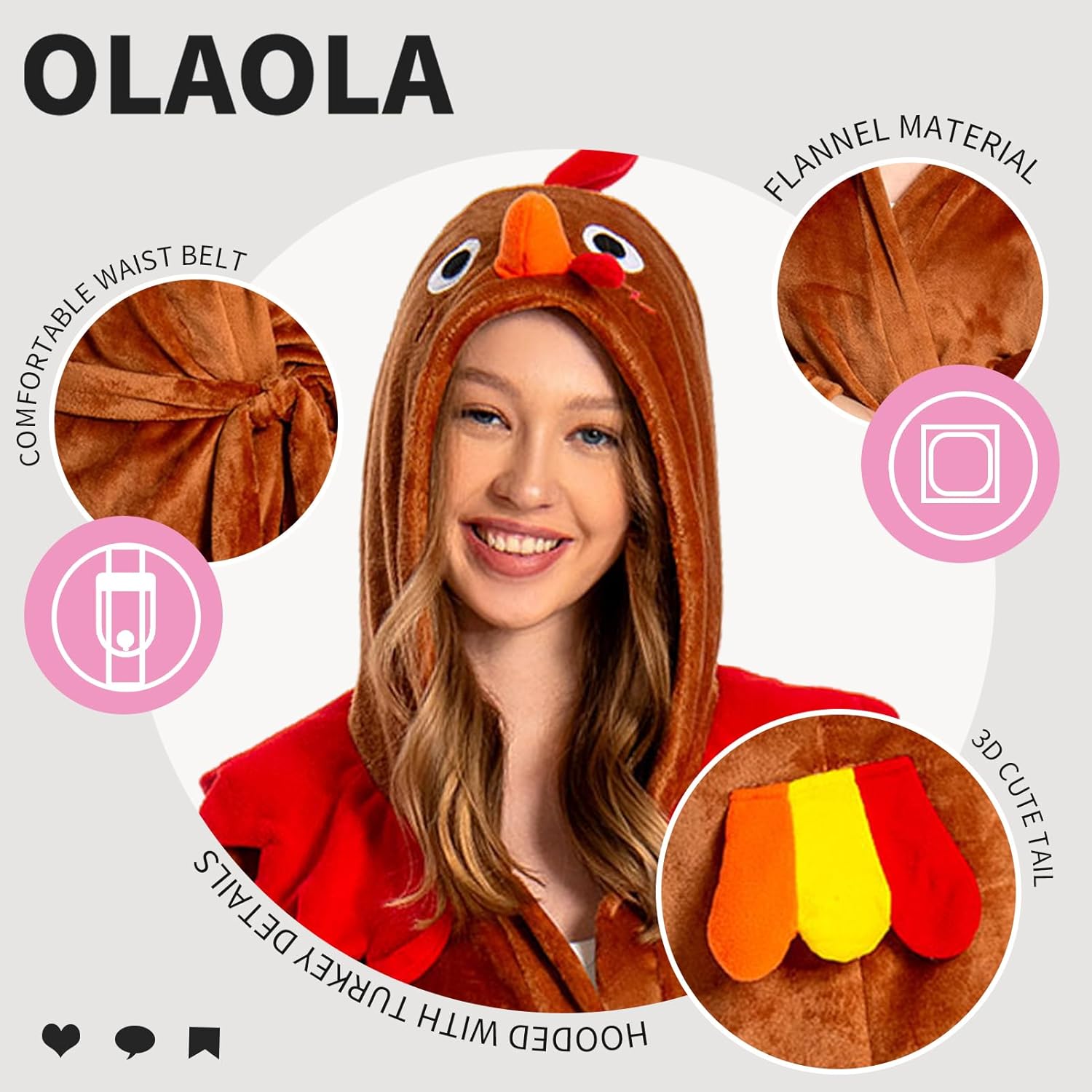 OLAOLA Women Adult Turkey Animal Onesie Plush Bathrobe Soft Flannel Loungewear Cozy Warm Home Robe