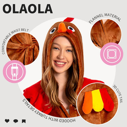 OLAOLA Women Adult Turkey Animal Onesie Plush Bathrobe Soft Flannel Loungewear Cozy Warm Home Robe