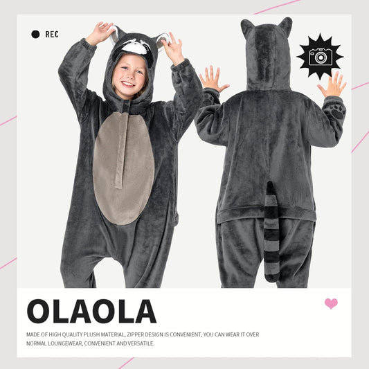 OLAOLA Kids Raccoon Animal Onesie Plush Soft Flannel Warm Home Pajamas One-Piece Sleepwear