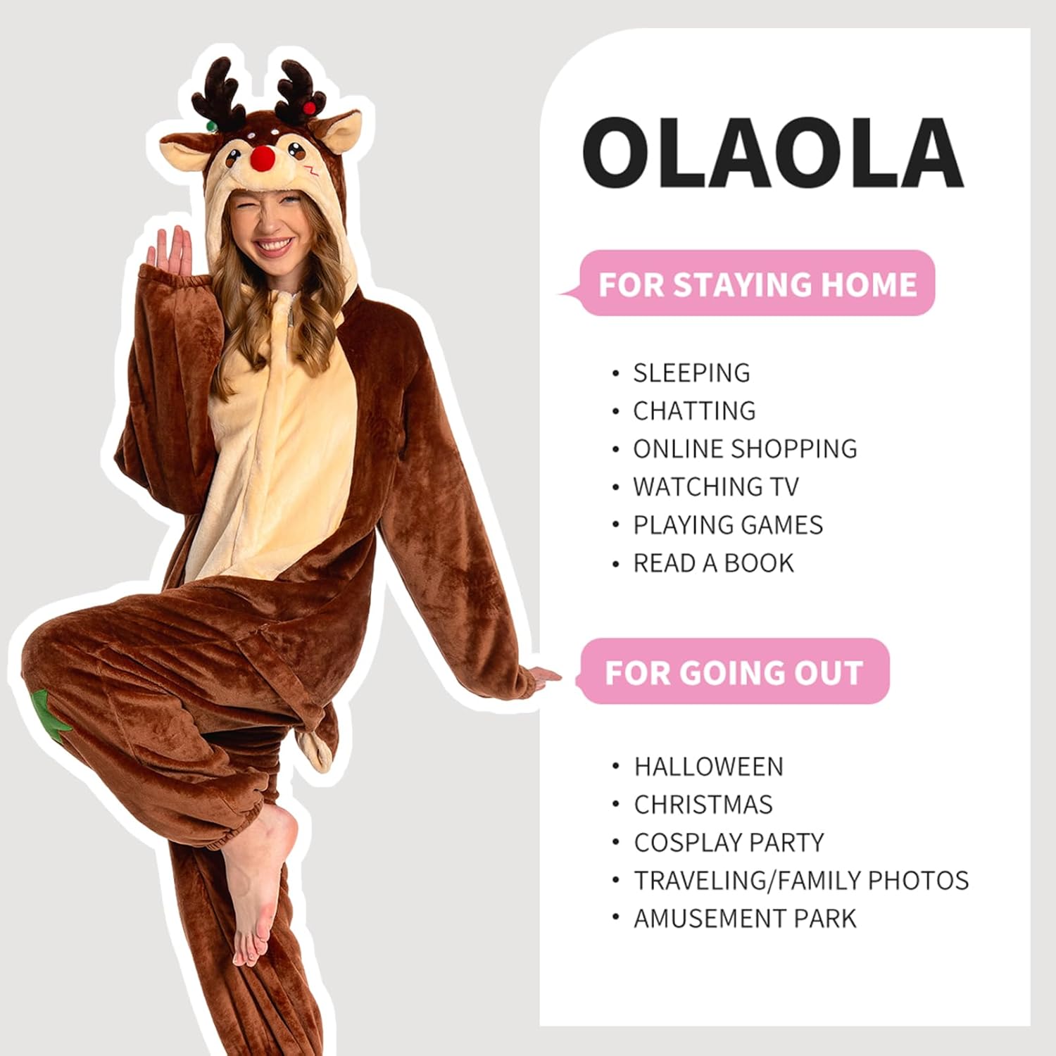 OLAOLA Unisex Adult Plush Reindeer Animals Onesie Christmas Pajamas Warm Home One-Piece Sleepwear