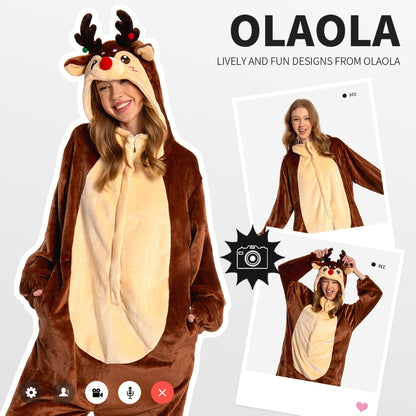 OLAOLA Unisex Adult Plush Reindeer Animals Onesie Christmas Pajamas Warm Home One-Piece Sleepwear