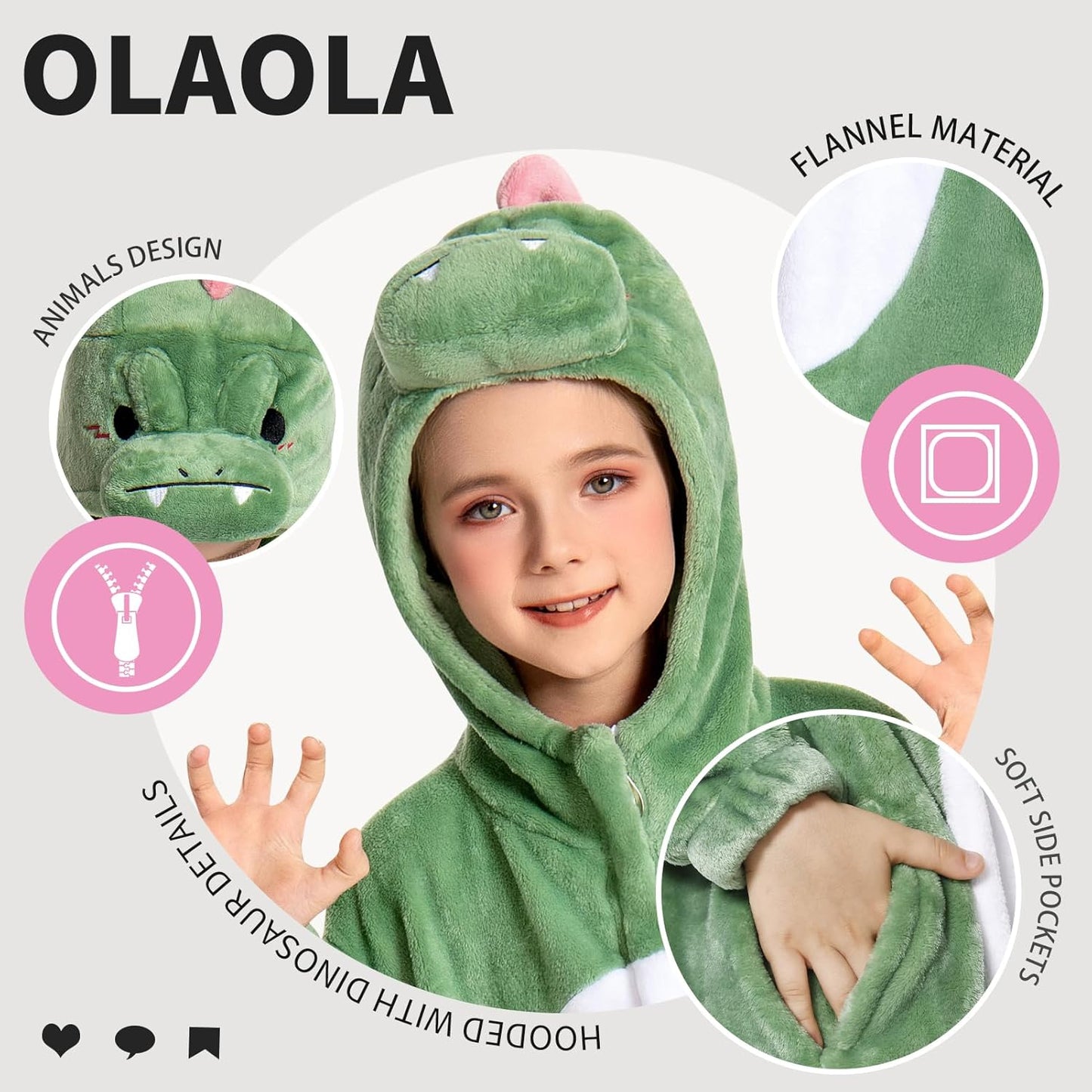 OLAOLA Kids Dinosaur Animal Onesie Plush Soft Flannel Warm Home Pajamas One-Piece Sleepwear