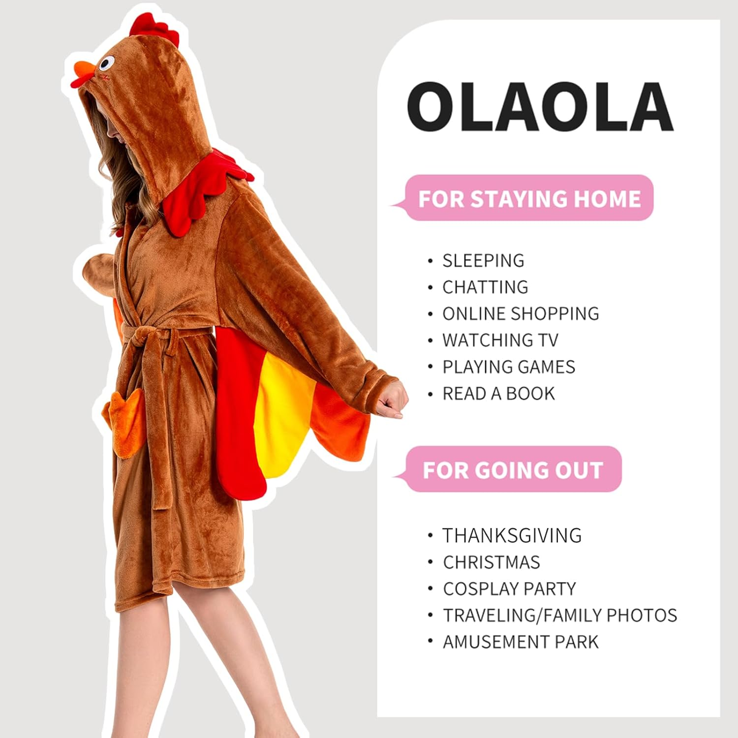 OLAOLA Women Adult Turkey Animal Onesie Plush Bathrobe Soft Flannel Loungewear Cozy Warm Home Robe