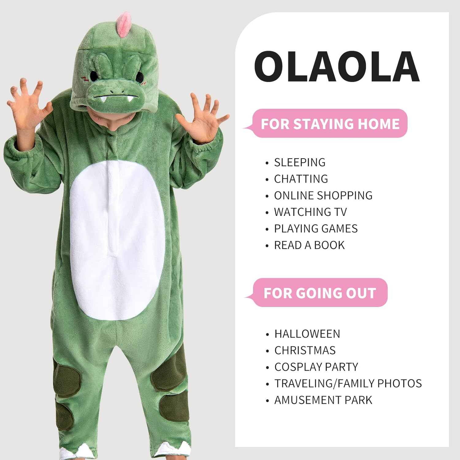 OLAOLA Kids Dinosaur Animal Onesie Plush Soft Flannel Warm Home Pajamas One-Piece Sleepwear