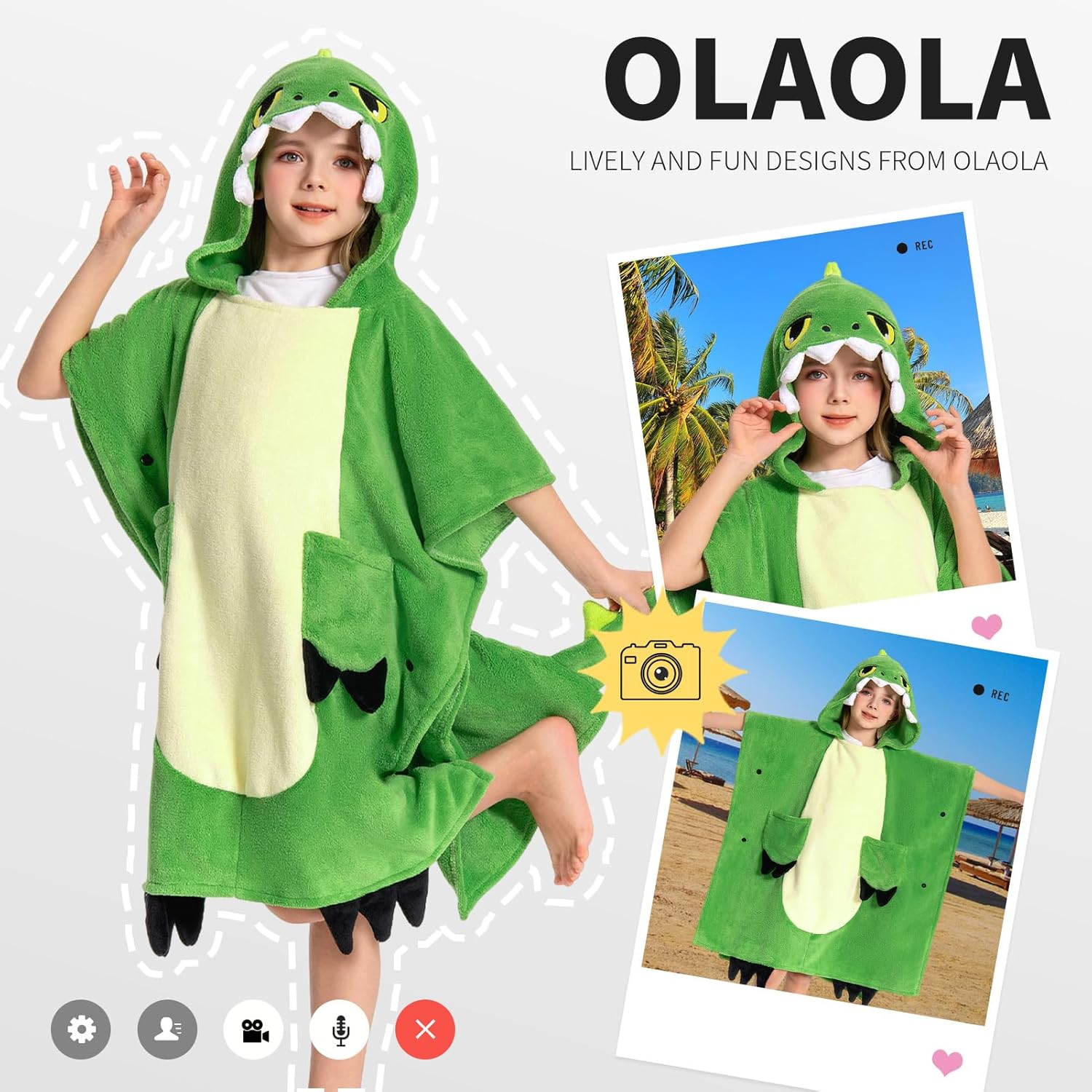 OLAOLA Kids Green Dinosaur Animal Beach Bath Towels Blanket Plush Soft Coral Fleece Homewear Bath Hooded