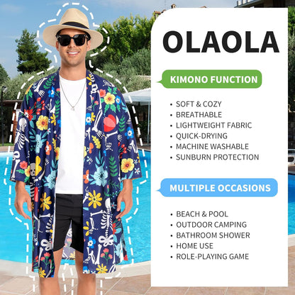 OLAOLA Men Floral Skeleton Kimono Robe Bathrobe Summer Printed Beach Smock Lightweight Open Front Long Cardigan Cloak