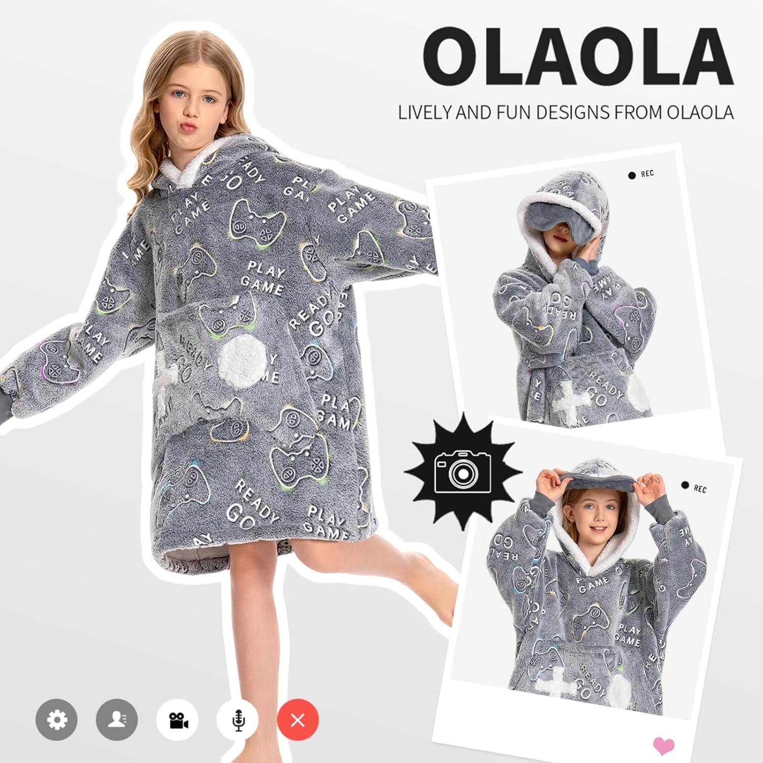 OLAOLA Unisex Adult Kids Plush Game Controller Wearable Blanket Extra Long Hoodie Warm Home One-Piece Sleepwear