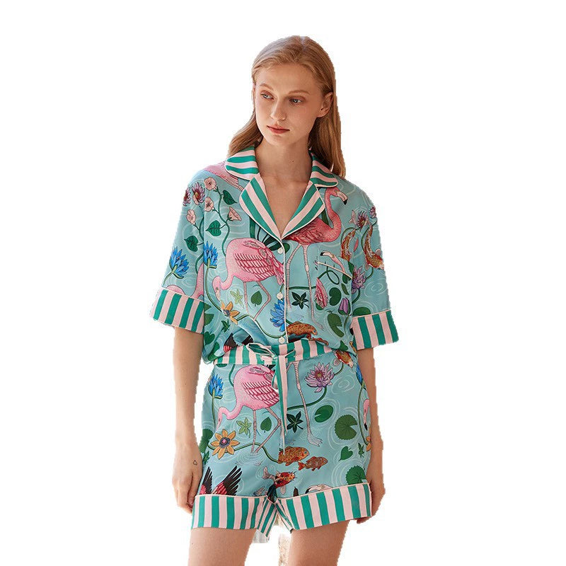 Blue Flamingo Silk Pajamas For Women Animal Loungewear Short Sleeve 2 Piece Set Sleepwear Pajamas Christmas Gift