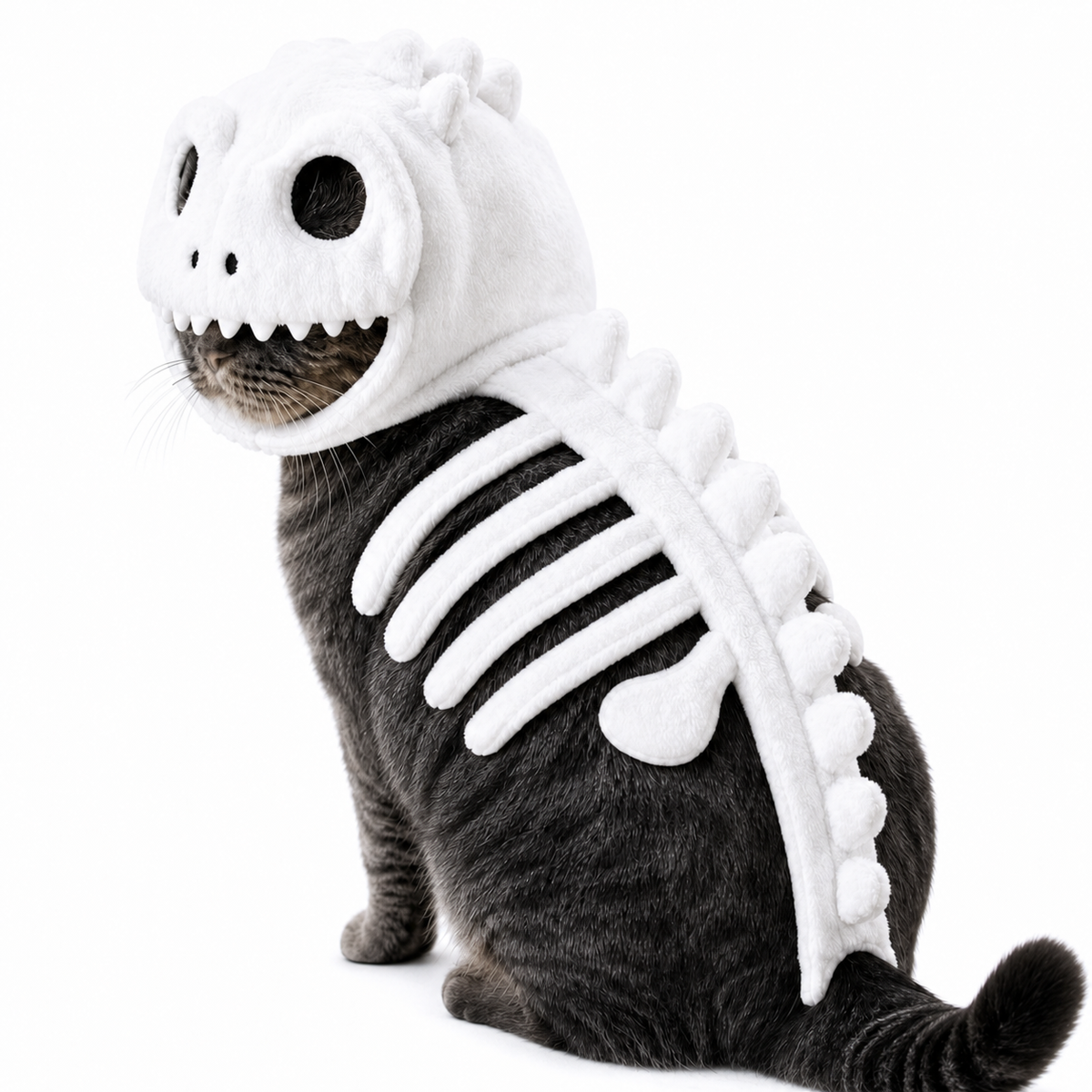 Dinosaur Skeleton Costume For Dog Cats With Plush Fabric Funny Pets Kitty Animal Onesie Glow Headwear Outfits Halloween Cosplay Costume