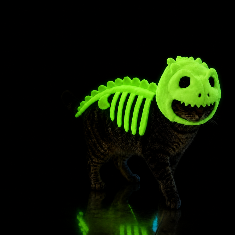 Dinosaur Skeleton Costume For Dog Cats With Plush Fabric Funny Pets Kitty Animal Onesie Glow Headwear Outfits Halloween Cosplay Costume
