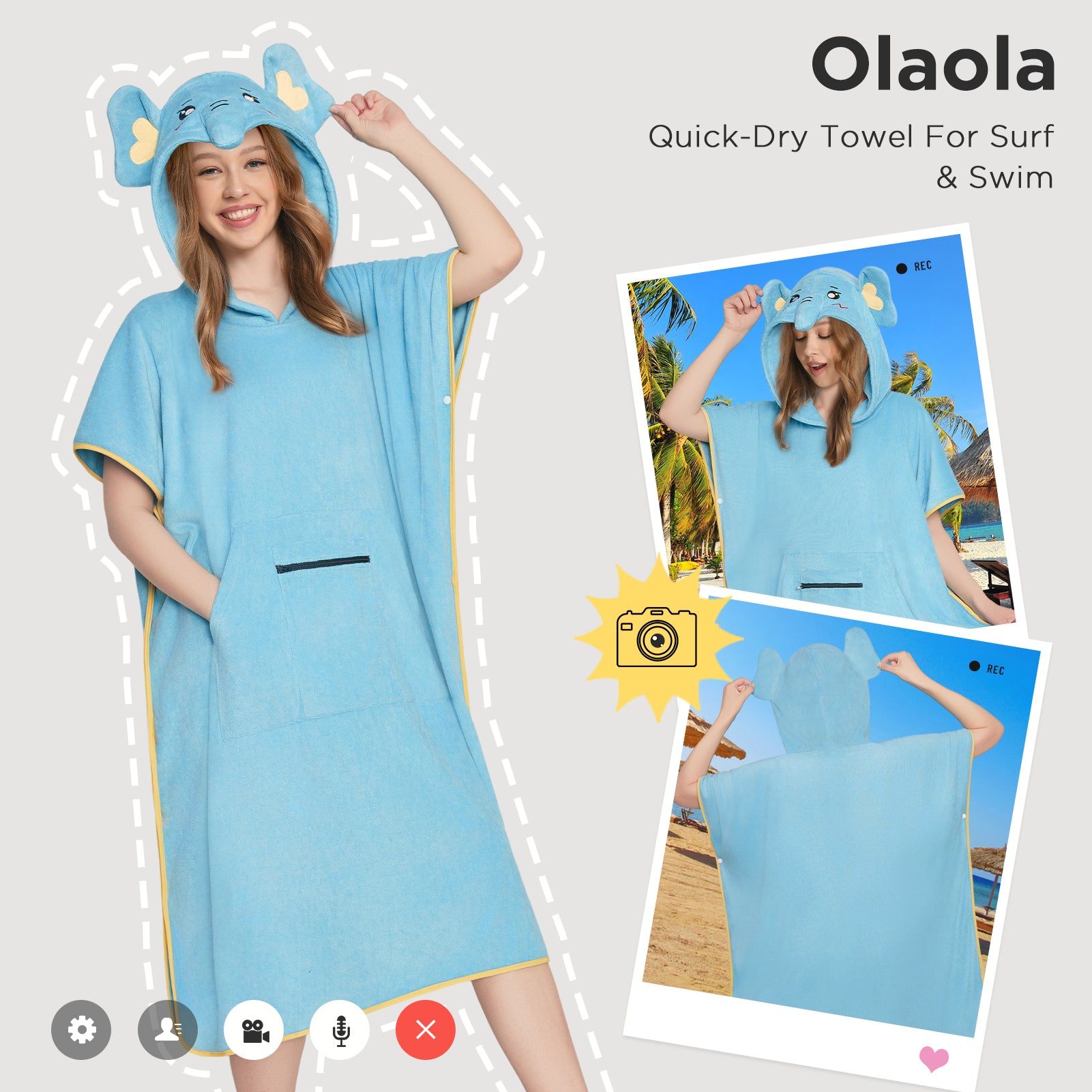 Elephant Surf Poncho Changing Towel Swim Robe With Pocket Plus Size Beach Towels Quick Dry Terry Cloth Cover-Up Hood