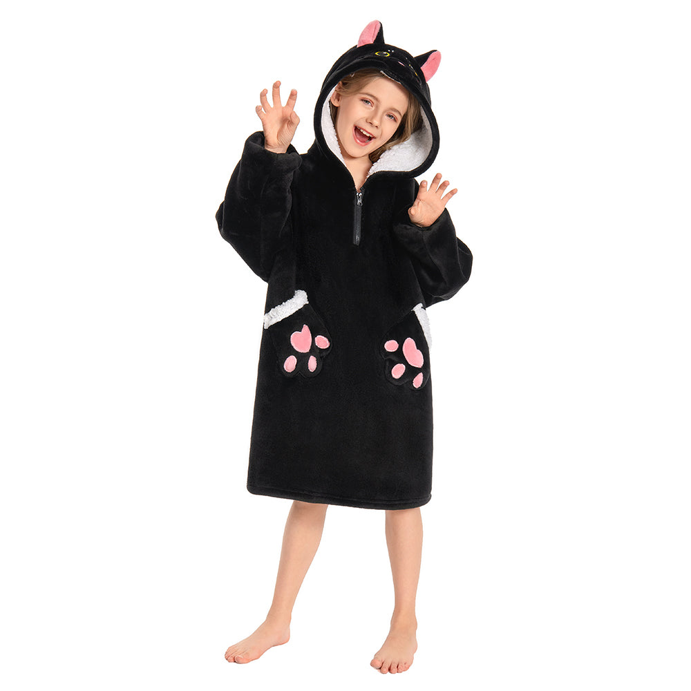 Kids OLAOLA Black Cat Wearable Blanket Hoodie Animals Onesie Oversized Soft Homewear With Giant Pocket