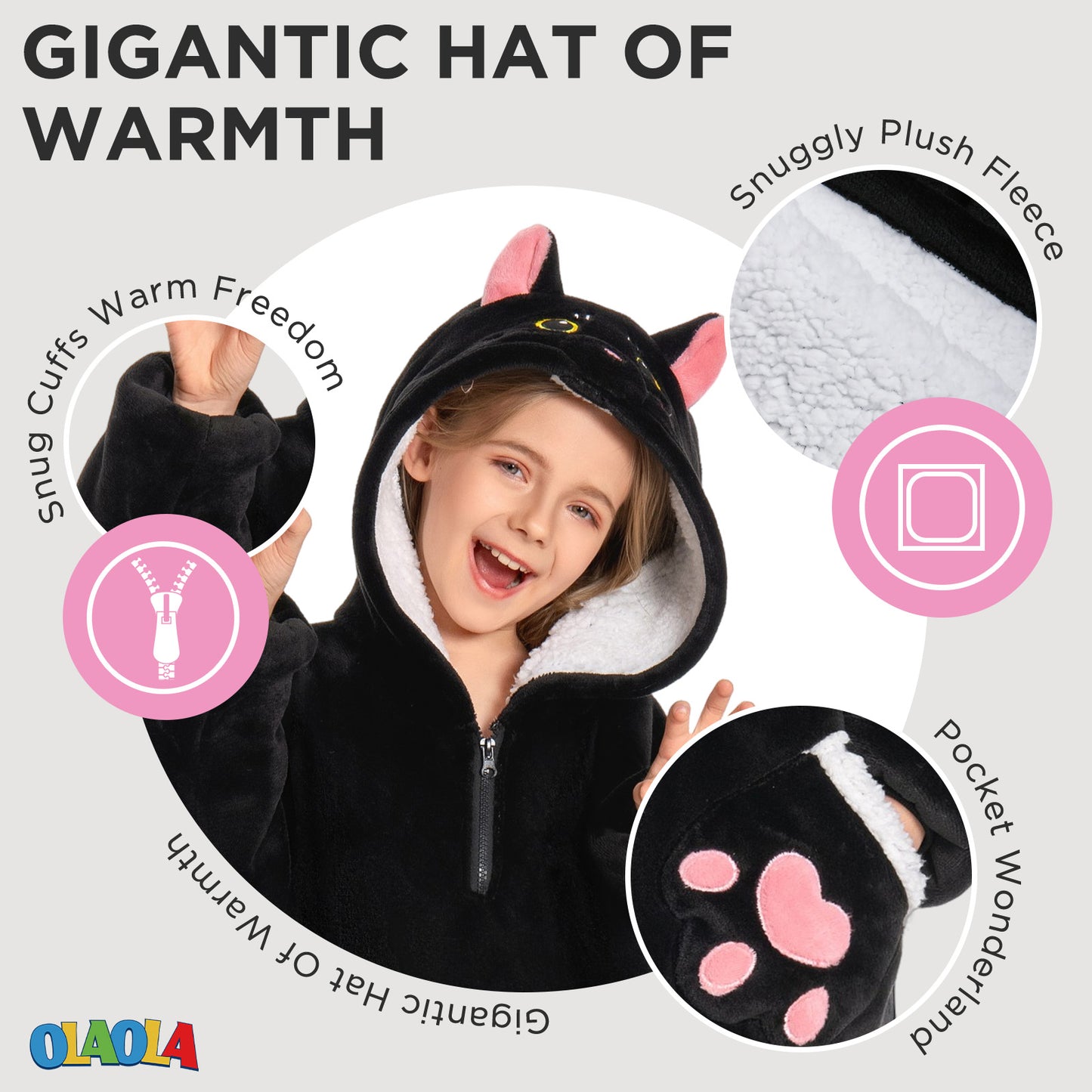 Kids OLAOLA Black Cat Wearable Blanket Hoodie Animals Onesie Oversized Soft Homewear With Giant Pocket