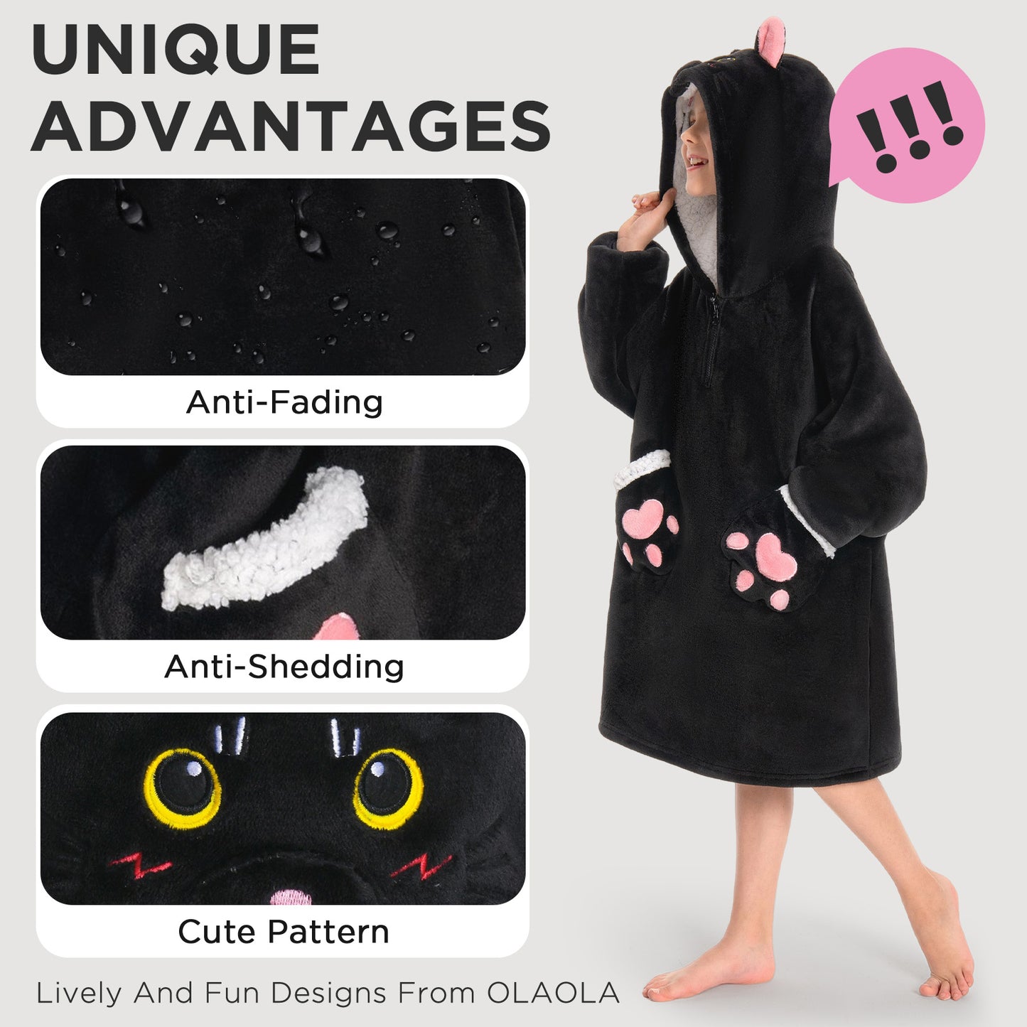 Kids OLAOLA Black Cat Wearable Blanket Hoodie Animals Onesie Oversized Soft Homewear With Giant Pocket