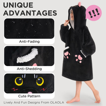 Kids OLAOLA Black Cat Wearable Blanket Hoodie Animals Onesie Oversized Soft Homewear With Giant Pocket