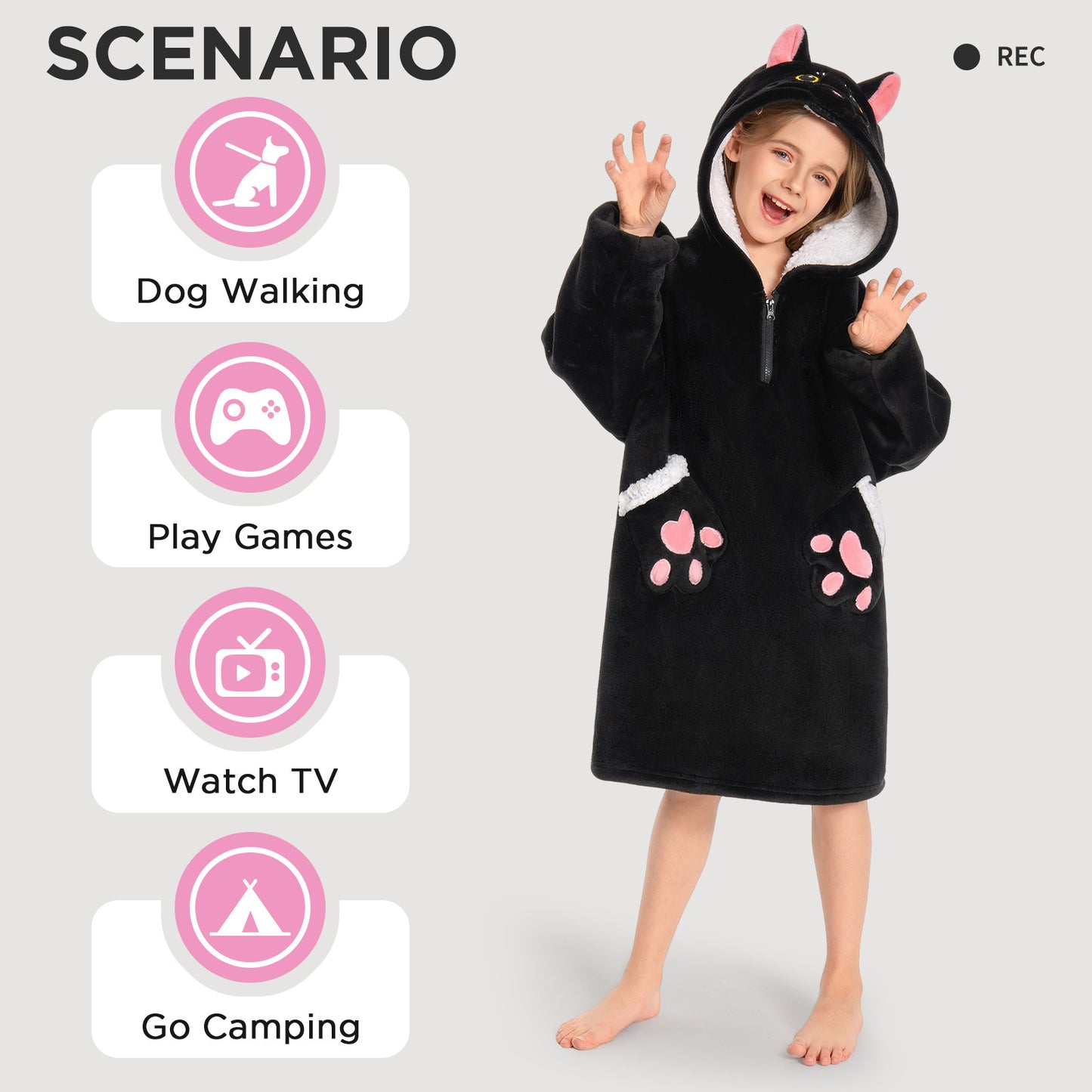 Kids OLAOLA Black Cat Wearable Blanket Hoodie Animals Onesie Oversized Soft Homewear With Giant Pocket