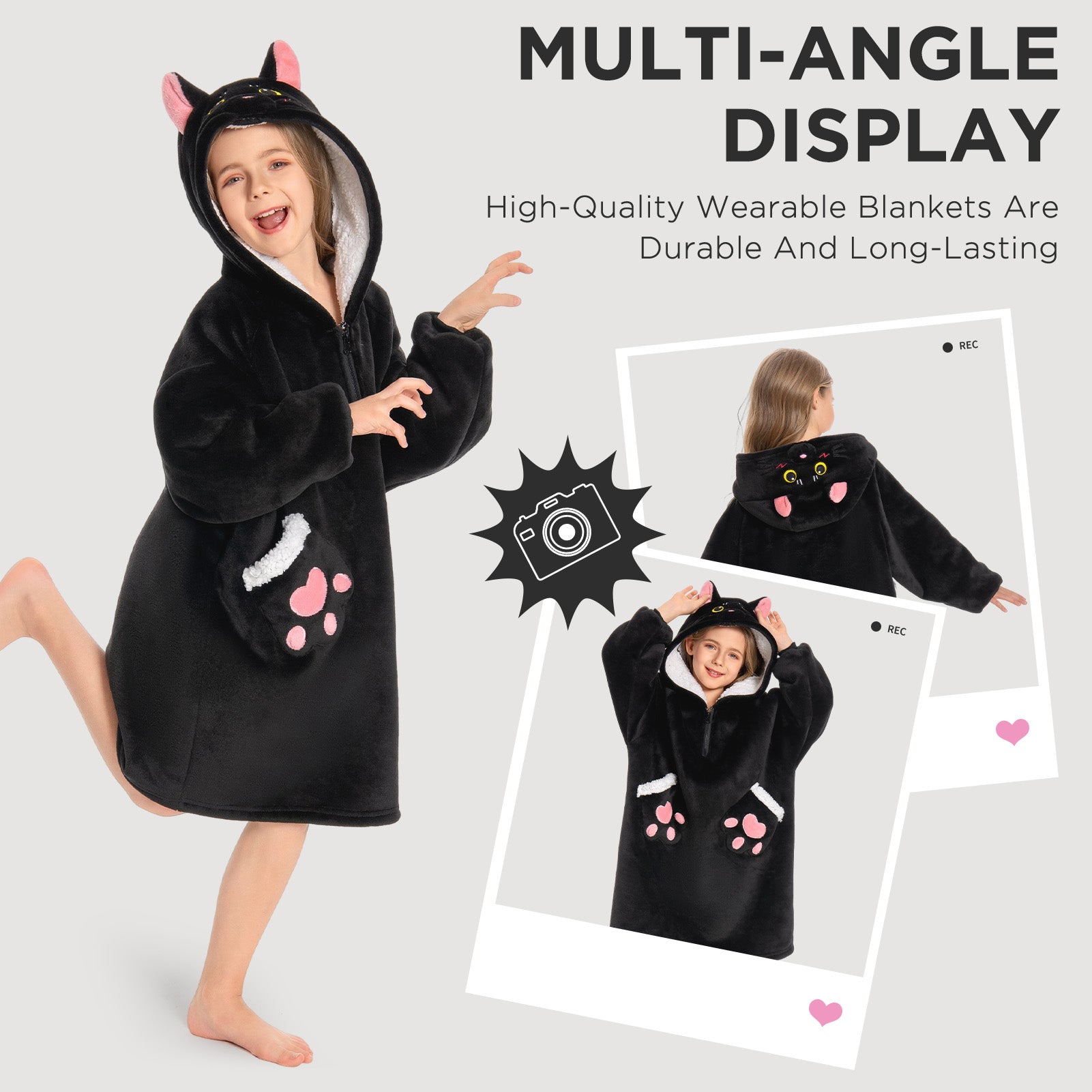 Kids OLAOLA Black Cat Wearable Blanket Hoodie Animals Onesie Oversized Soft Homewear With Giant Pocket